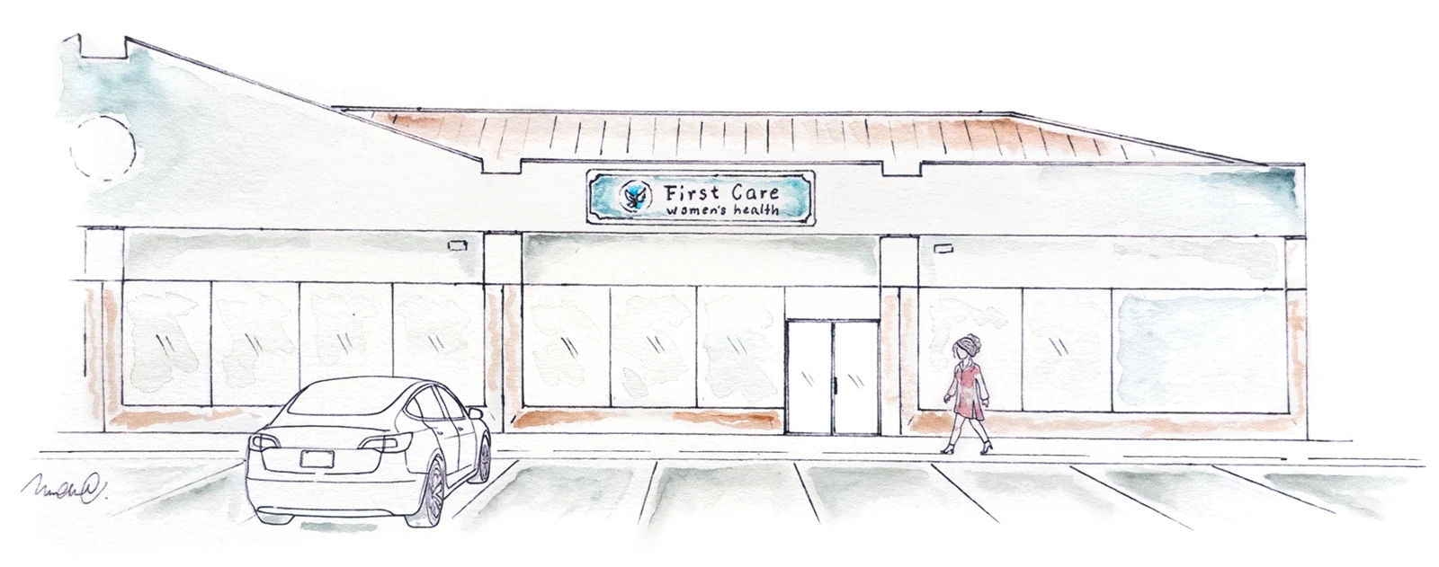 Hand-drawn watercolor sketch of the First Care Women's Health center in Woodbridge, with a woman walking toward the entrance