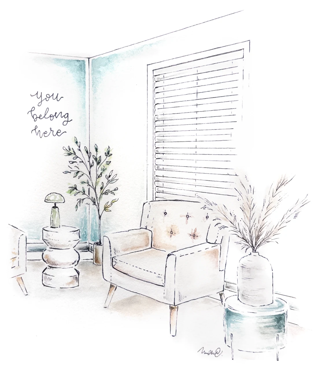 Hand-drawn watercolor sketch of a welcoming counseling room corner with an armchair, plants and the words "you belong here"