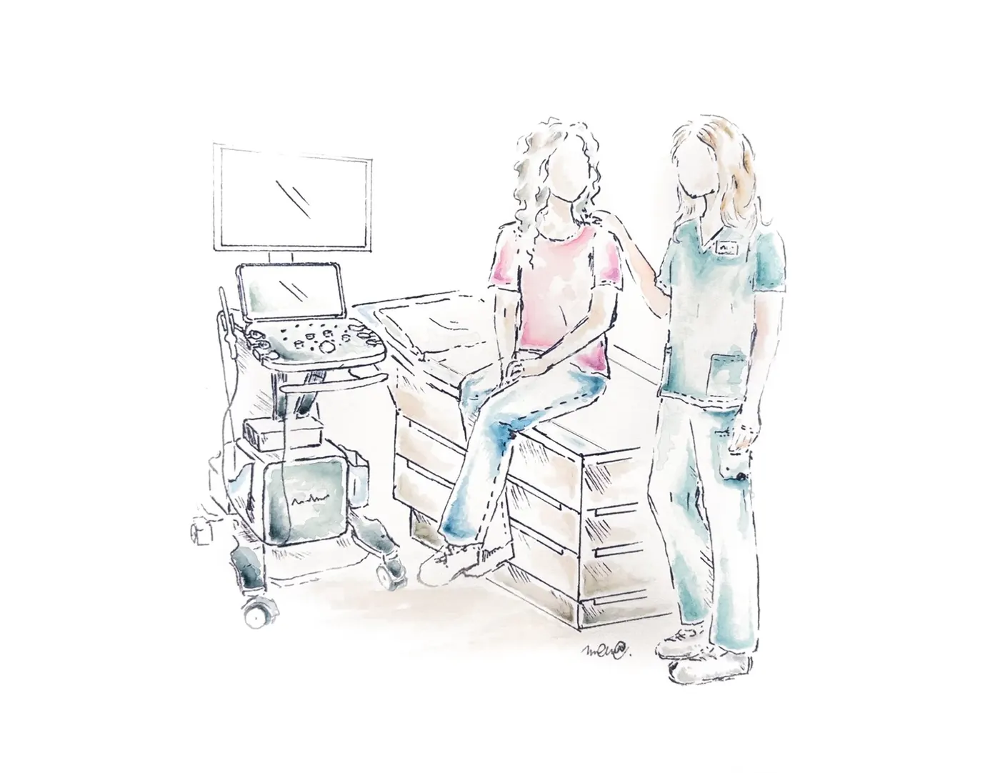 Watercolor sketch of a nurse with a patient in the Woodbridge sonogram room